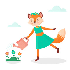 Cute cartoon fox watering flowers. Vector illustration.