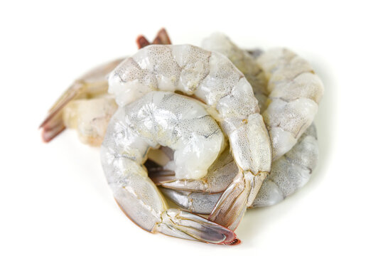 Fresh raw shrimps prawns isolated on white background - Peel shrimp seafood