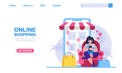 Woman with her laptop shop at online store. Shopping bags at background. Online shopping concept vector illustration, perfect for web design, banner, mobile app, landing page. 