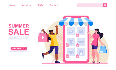 Two woman shop with summer discount at mobile application store. Online shopping concept, perfect for web design, banner, mobile app or landing page. Scalable and editable vector illustration.