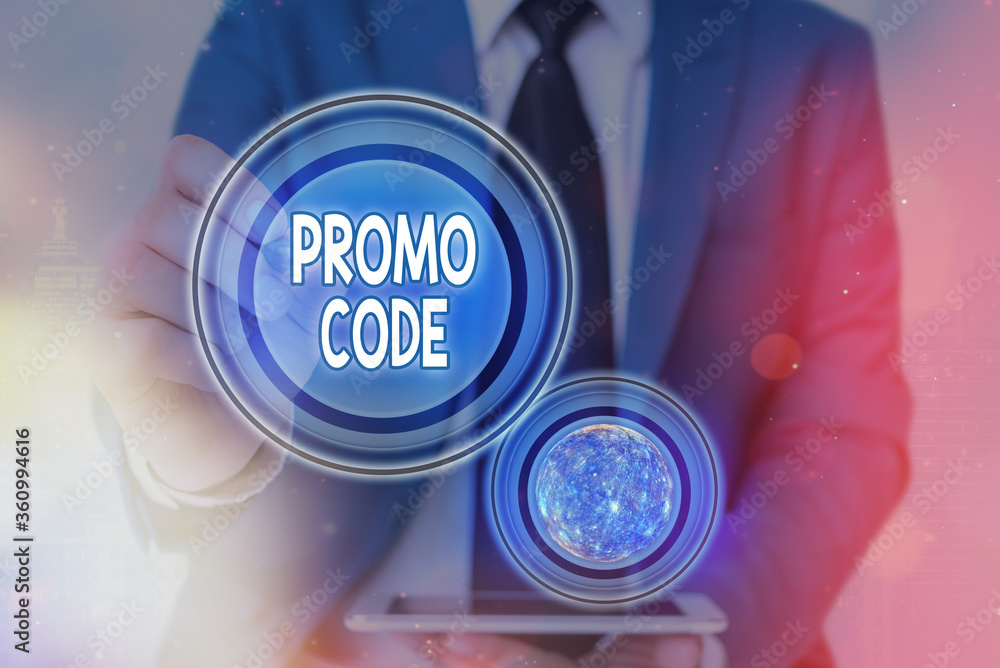 Poster text sign showing promo code. business photo text letters or numbers that allows getting a discount 
