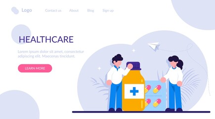 Drugstore and pharmacist concept. Collection of pharmacy drug in bottle and box. Medication concept. Medicine pill for disease treatment. Modern flat illustration.