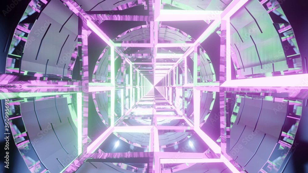 Poster 3d rendering of colorful laser lights forming an abstract futuristic square portal