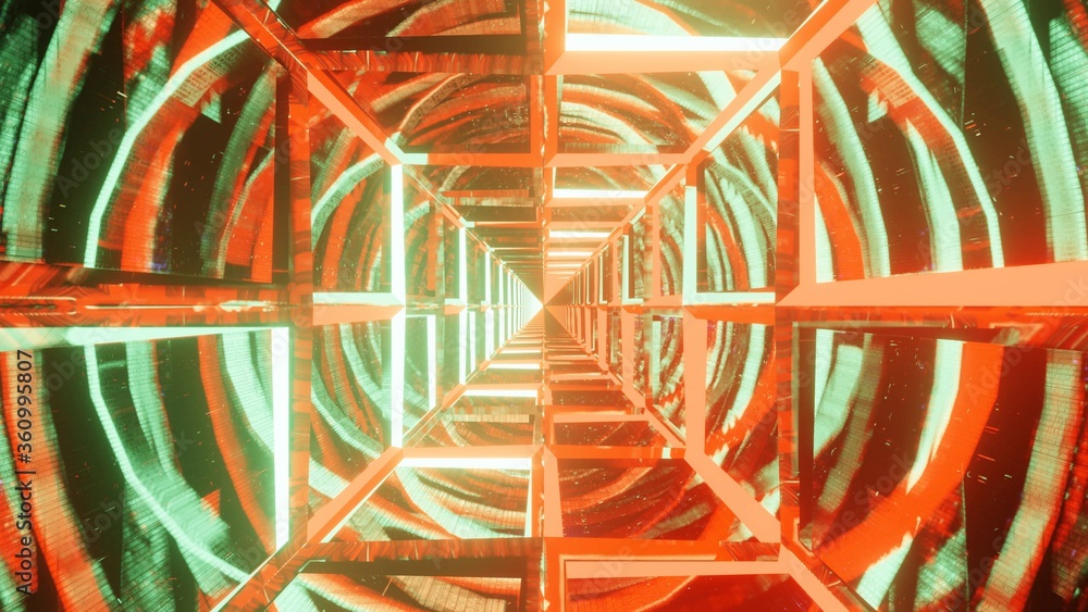 Poster 3d rendering of colorful laser lights forming an abstract futuristic square portal