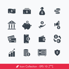 Set of Money Related Icons / Vectors | Contains Such Money, Bank, Coin, Piggy Bank, Saving, Credit Card, Wallet, Currnecy Exchange, Investment, Safety Box, Mobile Payment