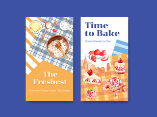  Instagram template with strawberry baking design for social media,online community,internet and advertise watercolor illustration