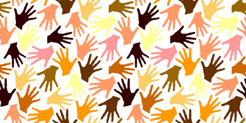 Fototapeta premium Seamless pattern with palm prints. Symbol of racial and national equality, friendship, happy childhood, world peace, unity of peoples and globalization