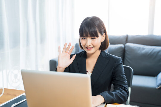 Working At Home Modern Office Businesswoman Meeting Team Online Video Chat Conference Discussing Planning View Of A Person Wearing A Suit Or Business Wear On Top And Sweatpants Or Boxers On Bottom