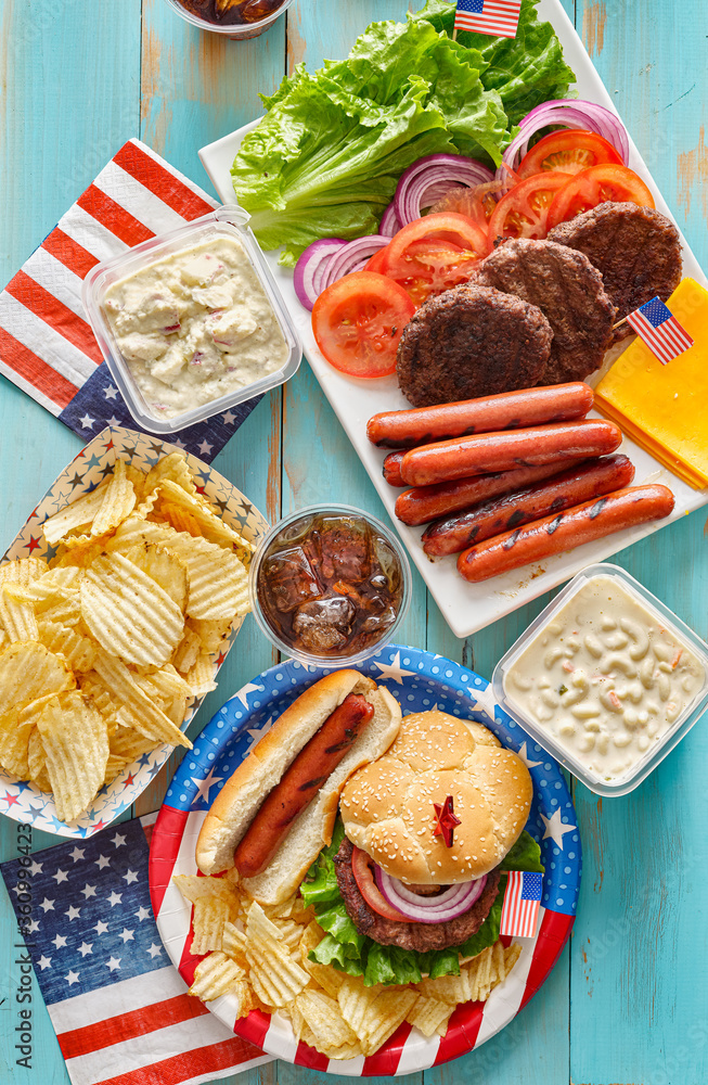 Wall mural 4th of july picnic table meal with burgers and hot dogs