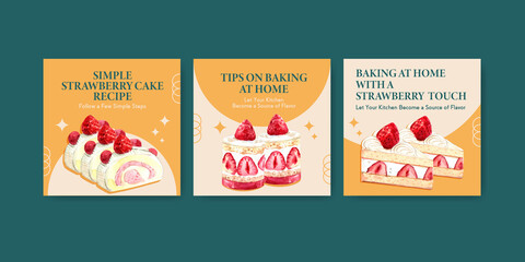 Advertise template with strawberry baking design for brochure,information,leaflet and booklet watercolor illustration
