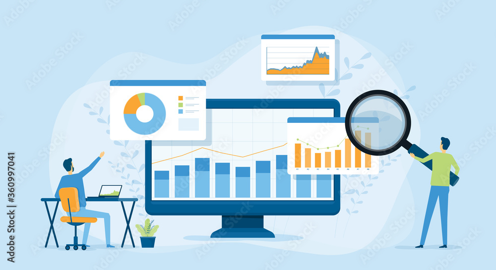 Poster Flat vector design statistical and Data analysis for business finance investment concept with business people team working on monitor graph dashboard 
