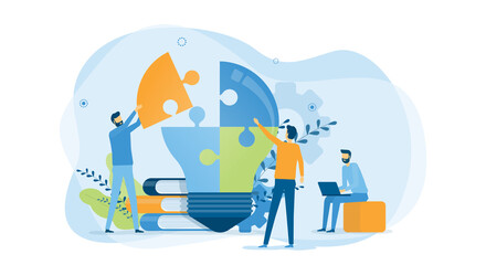 Flat vector illustration design business creative process and business team meeting for brainstorming concept