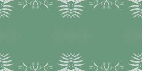 Closeup imprint of rowan leaves on an emerald plastic background. Leaves texture background.