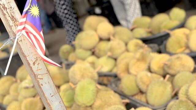 Malaysia Flag and a lot of durian, delicious local fruit which is durian in Malaysia.