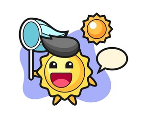 Sun cartoon is catching butterfly