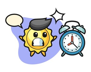 Sun cartoon surprised with a giant alarm clock