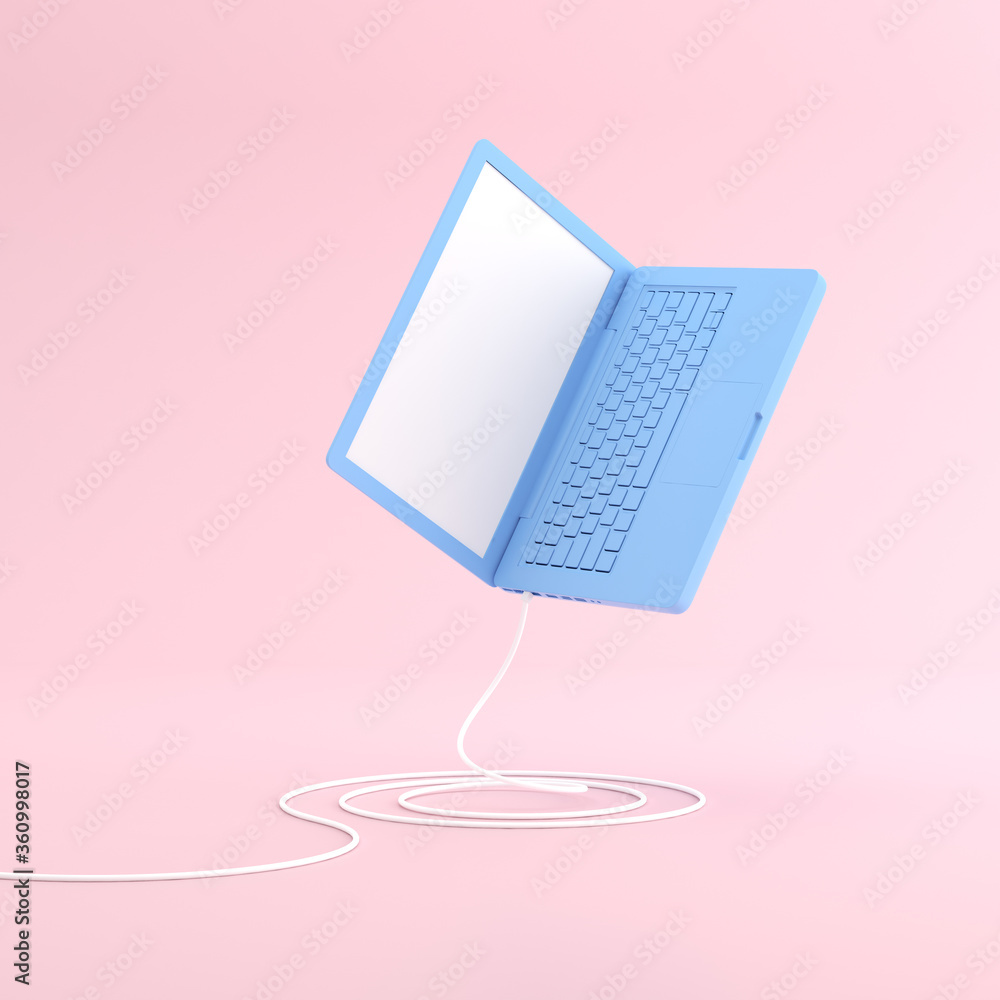 Poster Mock up of floating laptop in minimal style. 3D render. 