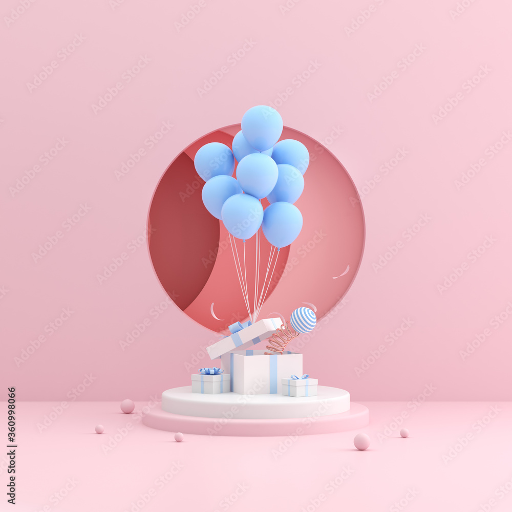 Poster Mock up of gift box and balloons in minimal style. 3D rendering.