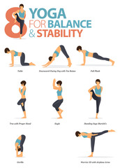 8 Yoga poses for workout in Balance and Stability concept. Woman exercising for body stretching. Yoga posture or asana for fitness infographic. Flat cartoon vector.