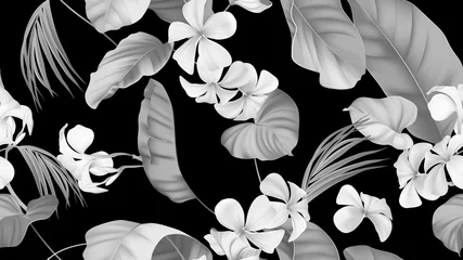 Foto op Plexiglas Floral seamless pattern, plumeria flowers with various leaves in black and white © momosama