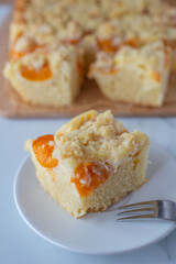 home made german apricot streusel cake on a table