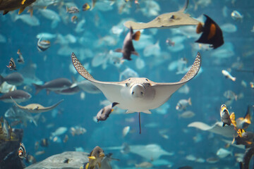 Group of stingrays swimming in aquarium