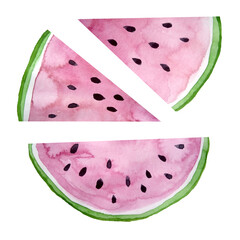 Watercolor hand drawn illustration set elements of bright vibrant red pink watermelon slices in geometric shapes. Tasty juicy fruit berry with seeds. For tropical vacation design, fabrics, wrapping
