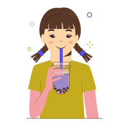 Young girl drinks bubble milk tea or pearl milk tea. Taiwanese famous and popular drink with tapioca black pearls. Flat cartoon illustration isolated on white background.