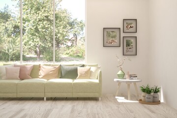 White living room with sofa and summer landscape in window. Scandinavian interior design. 3D illustration