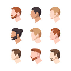 Set vector illustration of men's heads in profile of european nationality in a flat style on a white background.