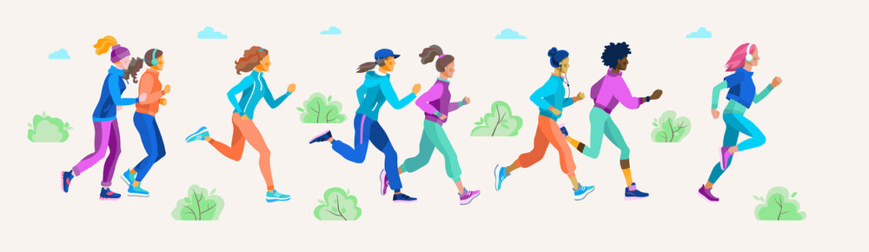 Fit beautiful girls on a jogging in the Park or square. Vector illustration of young women of various races running in outdoor among nature.