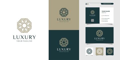 Luxury floral logo and business card wit line art design. Elegant, beauty, fashion, company, business Premium Vector