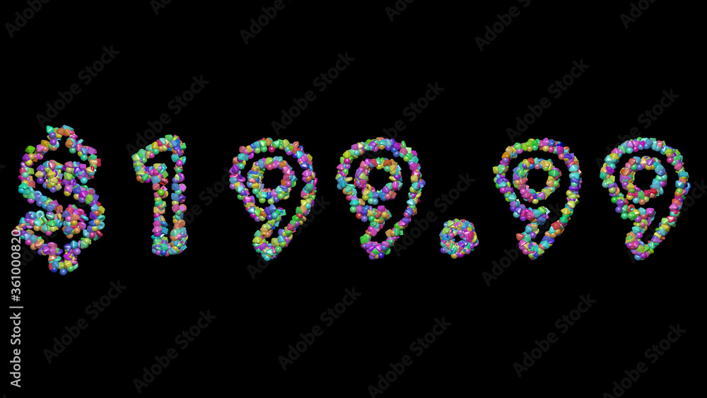 Aufkleber colorful 3d writing of $199.99 text with small objects over a dark background and matching shadow