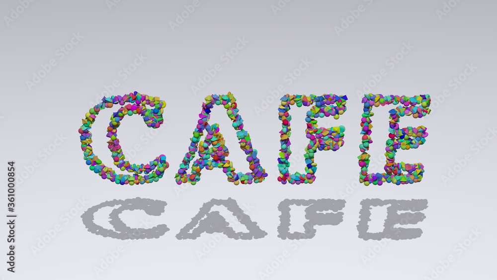 Poster colorful 3d writting of cafe text with small objects over a white background and matching shadow. co