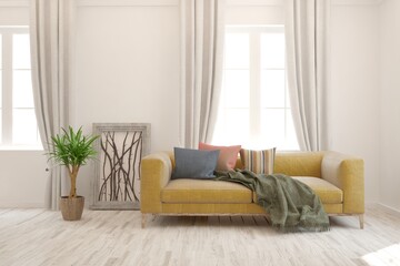 White living room with sofa. Scandinavian interior design. 3D illustration