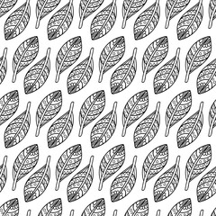Hand-drawn outline leaves seamless pattern. Doodle children pattern. Coloring book.