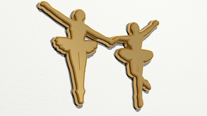 ballerina dancing on the wall. 3D illustration of metallic sculpture over a white background with mild texture. ballet and dancer