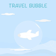 Vector - Airplane flying in bubble on blue sky and cloudy, Travel Bubble concept. New trend after Coronavirus epidemic. Safety for Business and travel.