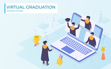 Virtual graduation video conference use laptop university college high school student ceremony wearing toga from home virus corona pandemic impact.flat cartoon style.