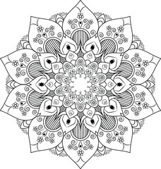 Mandala round floral ornament pattern. Anti-stress coloring page for kids and adults. Yoga, tatoo, mehndi, lace design. Vector illustration.