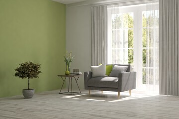 White living room with armchair. Scandinavian interior design. 3D illustration