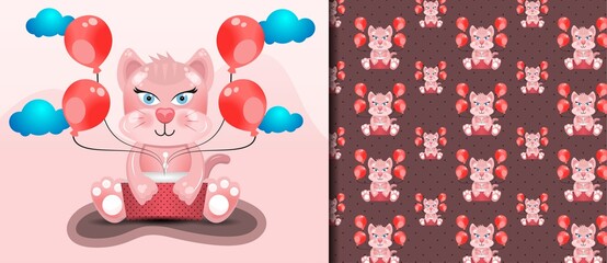 Cute cat cartoon with pattern set