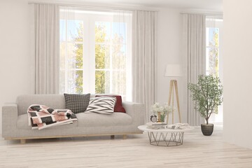 White living room with sofa. Scandinavian interior design. 3D illustration