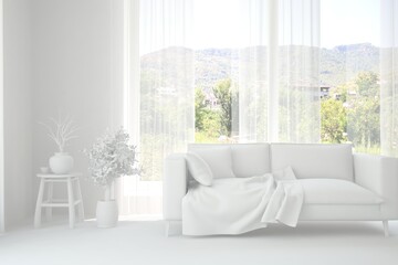 White living room with sofa and summer landscape in window. Scandinavian interior design. 3D illustration