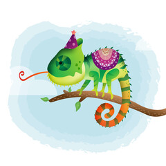 cute little chameleon with accessories in the children's style. cute cartoon little chameleon vector illustration