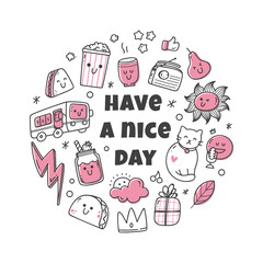 Kawaii doodle set with quotes, cute icons collection