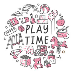 set of kids toy in kawaii doodle style illustration