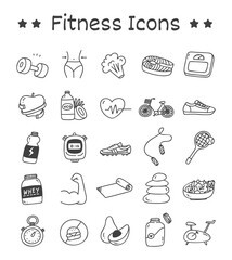 Set of Fitness Icons in Doodle Style Vector Illustration