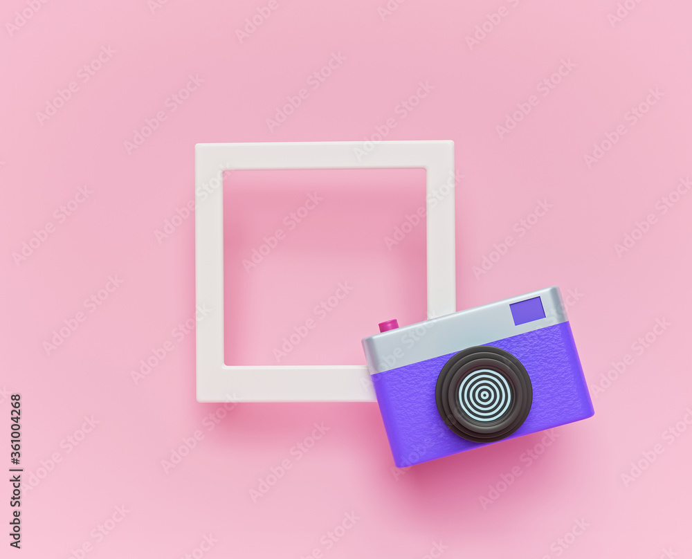 Poster camera with photo frame minimal abstract concept. copy space. 3d rendering