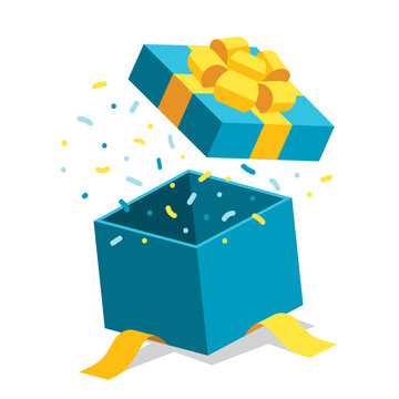 Single blue open giftbox / square present with yellow ribbon bow flat isometric illustration design, surprise with confetti, vector interface app icon ui ux banner web isolated on white background